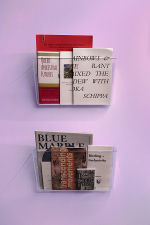 Installation view of common survival, publications mounted in containers on wall