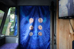 blue fabric in doorway